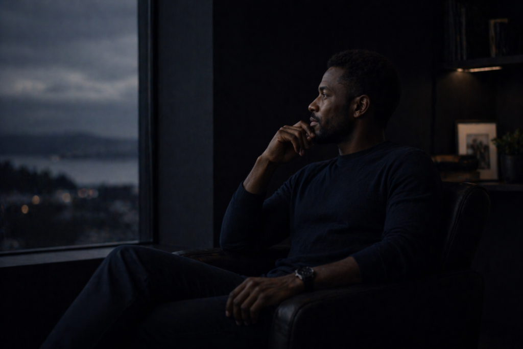 A professional man sits alone in a dark room at night, gazing out the window in quiet contemplation, reflecting on identity and mindset