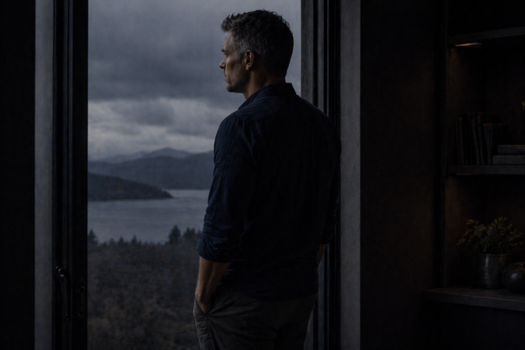 A middle-aged man stands alone in a doorway at dusk, looking out over a dark landscape, representing the uncertainty and contemplation of major life transitions